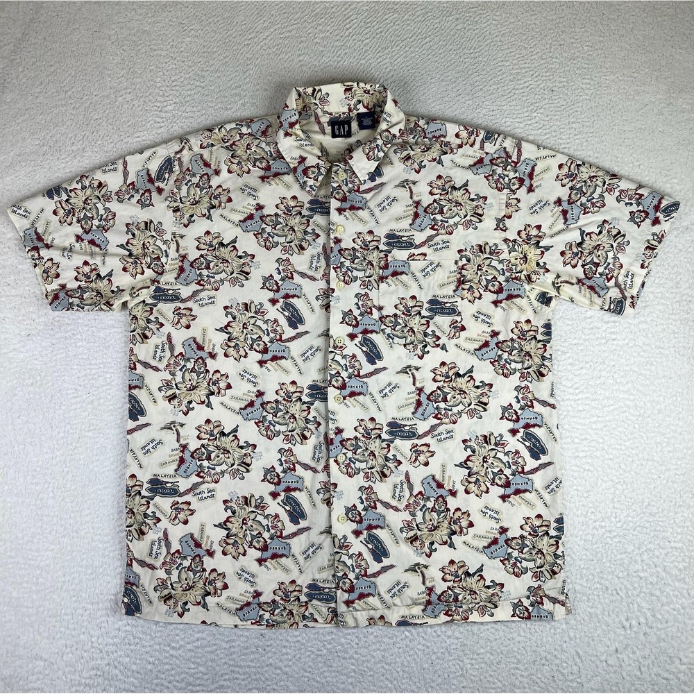 GAP Hawaiian Shirt Mens Large Beige South Sea Islands Malaysia SS Button Up